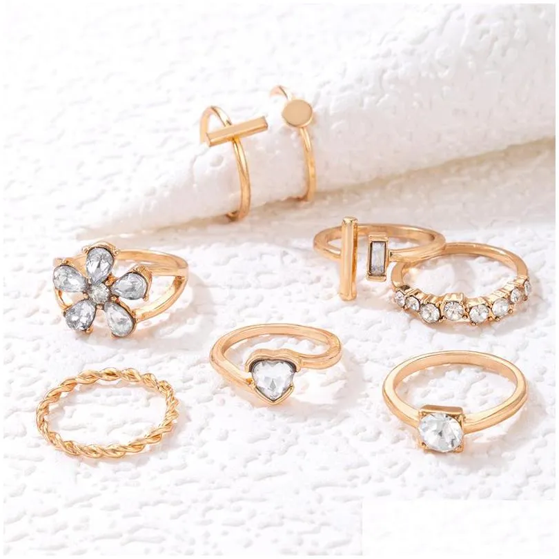 shiny crystal stone flowers joint ring sets for women charms gold alloy metal geoemtry party jewelry