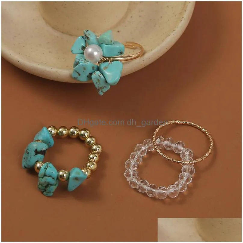 4 pcs/set bohemian ladies gold color metal handmade beaded transparent beads green stone weave flower rings set for women gift