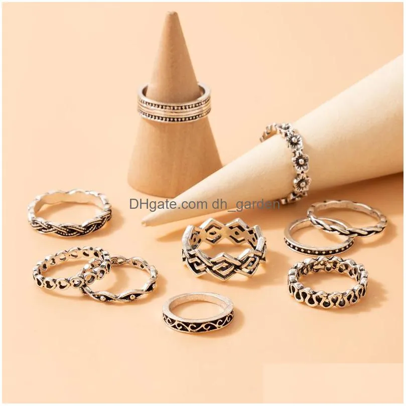 vintage silver color flowers joint ring sets for women hollow heart alloy metal wedding ring jewelry 10pcs/sets