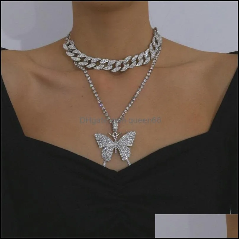women necklaces iced out cuban link chains butterfly pendant crystal rhinestone animal hip hop jewelry gold pink white k gun black 413