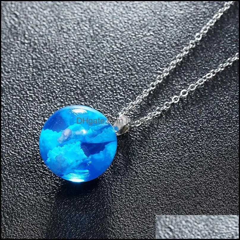 luminous multicolor resin rould ball pendant necklace women blue sky white cloud chain necklaces fashion jewelry gifts