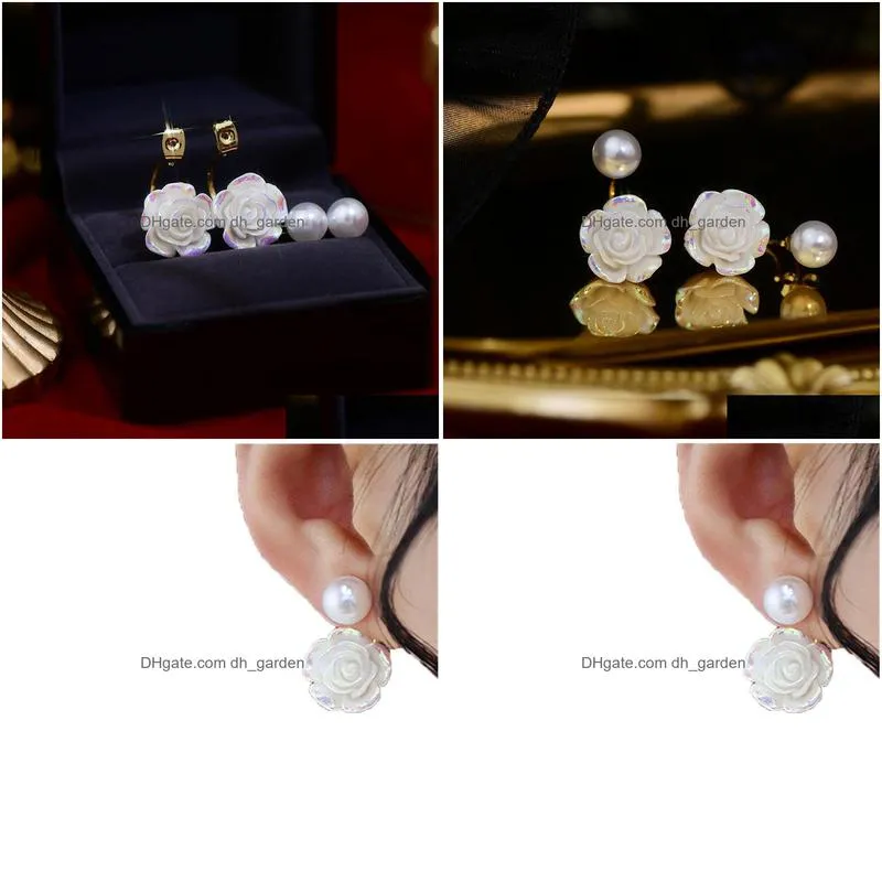 dangle chandelier 2022 fashion front and back elegant white pearl rose flower earrings for women korean style 2022 earings