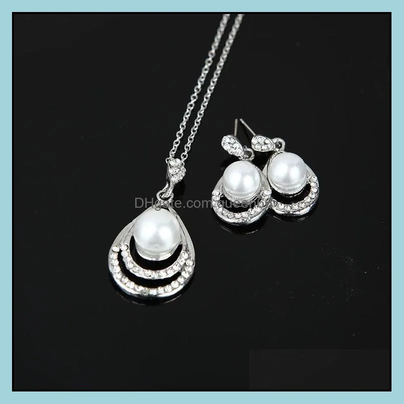 fashion pearl jewelry set women wedding crystal drip shape pendant silver necklaces dangle earrings for ladies bride engagement jewelry