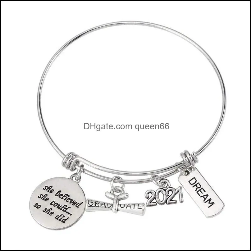 wholesale graduation gift stainless steel wire adjustable expandble bangle 2021 graduation charm bracelets graudaters gift jewelry 90