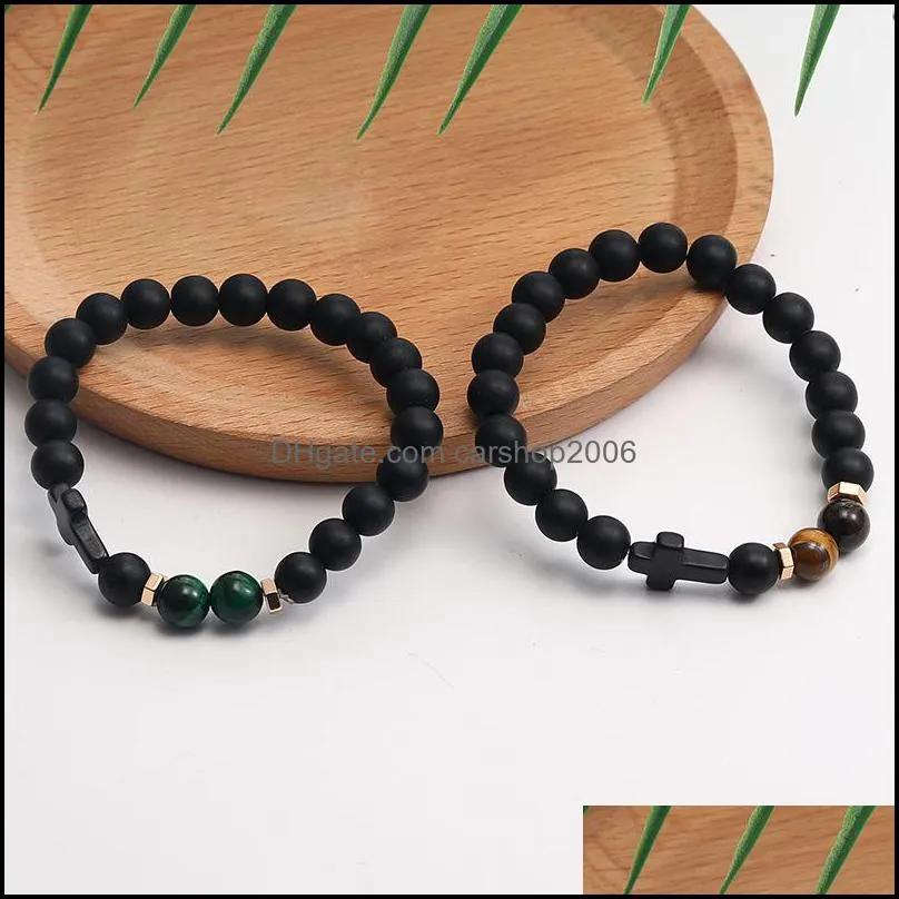 high quality natural stone matte black agate beaded strands bracelet for men handmade elastic adjustable cross charm bangle fashion jewelry