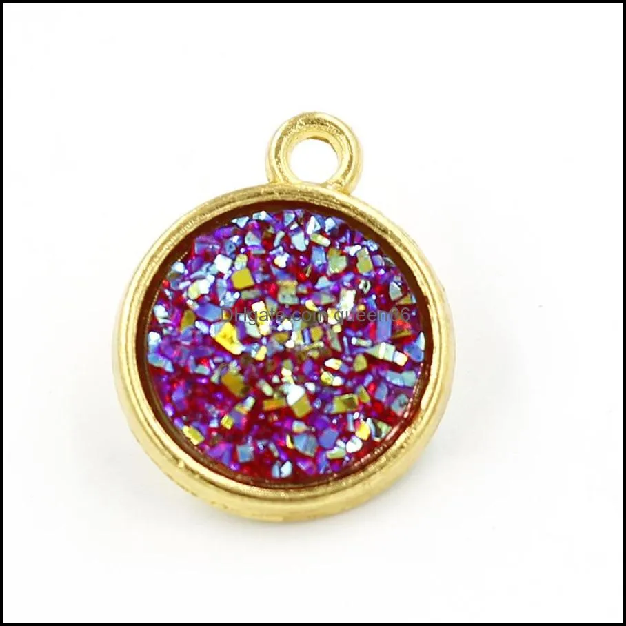 12mm druzy drusy stone pendant gold bling resin round charm for neckalces making fashion jewelry in bulk