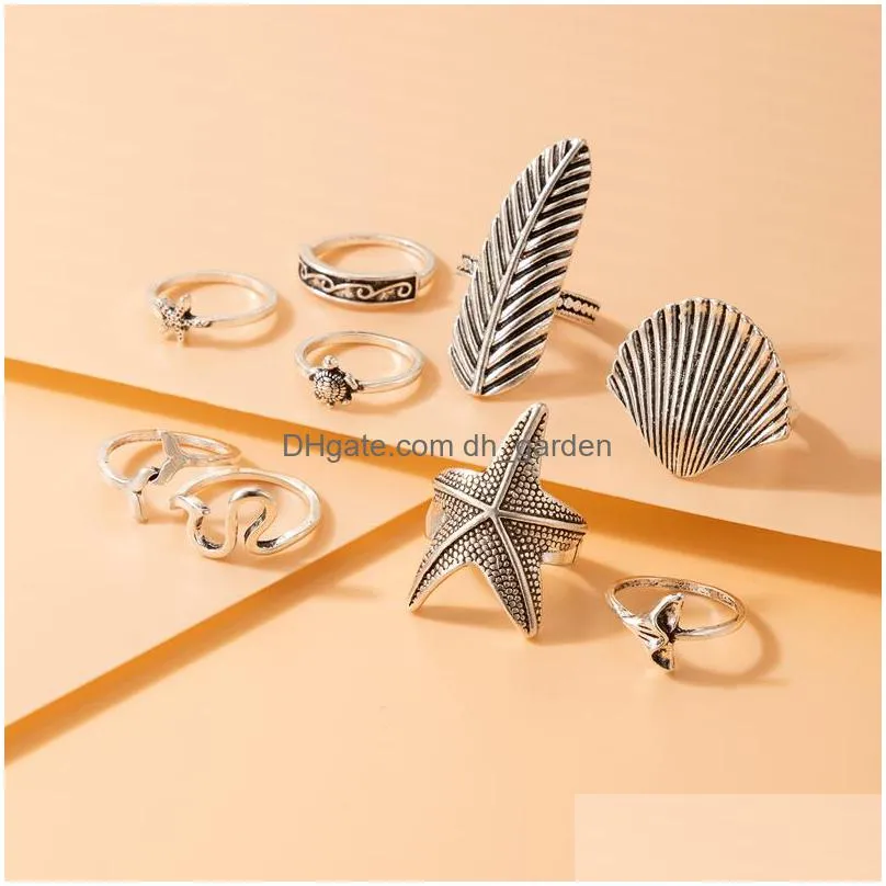 9pcs/sets boho starfish leaf joint ring sets for women men vintage silver color shell alloy metal jewelry