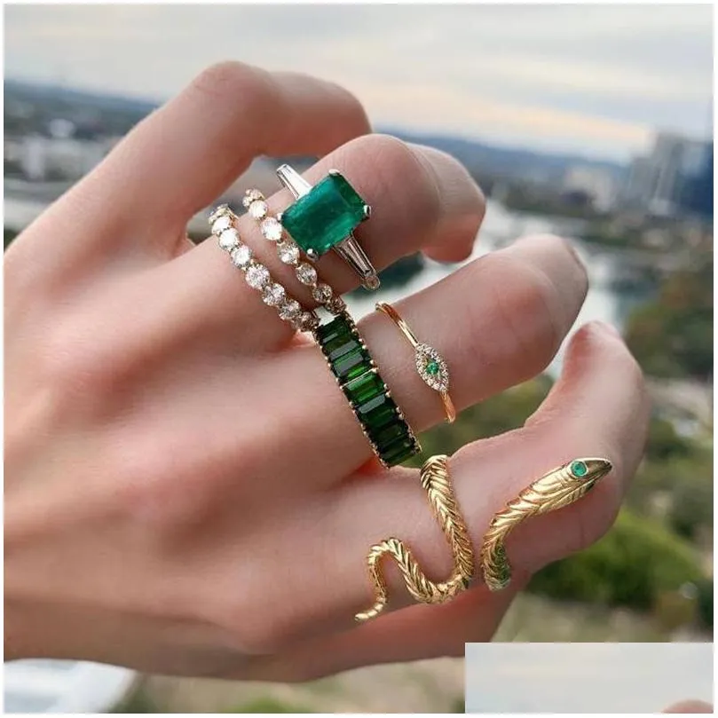 fashion jewelry retro knuckle ring set green rhinstone snake evil eye rings 6pcs/set