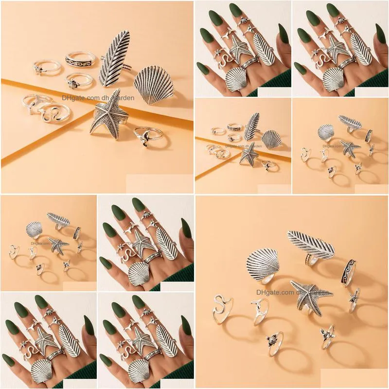 9pcs/sets boho starfish leaf joint ring sets for women men vintage silver color shell alloy metal jewelry