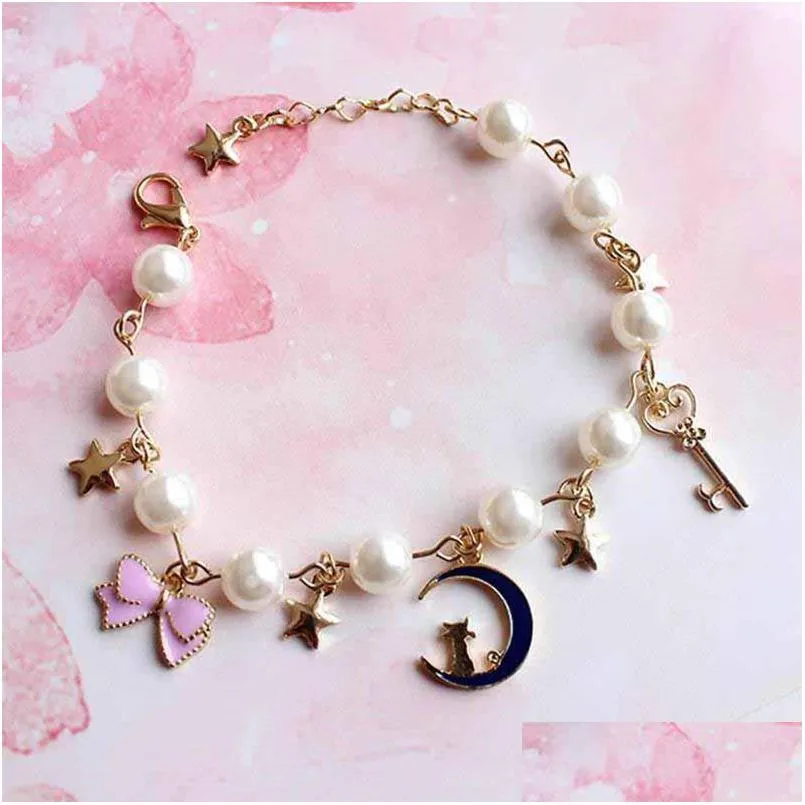 sailor moon bracelet cherry blossom cat star arch button pearl womens accessories link chain