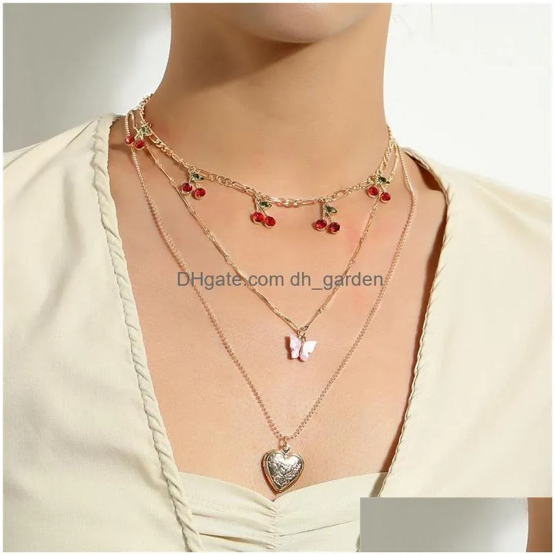 bling rhinestone cherry heart pendant choker necklaces for women fashion butterfly thick chain multil necklace bijoux jewelry