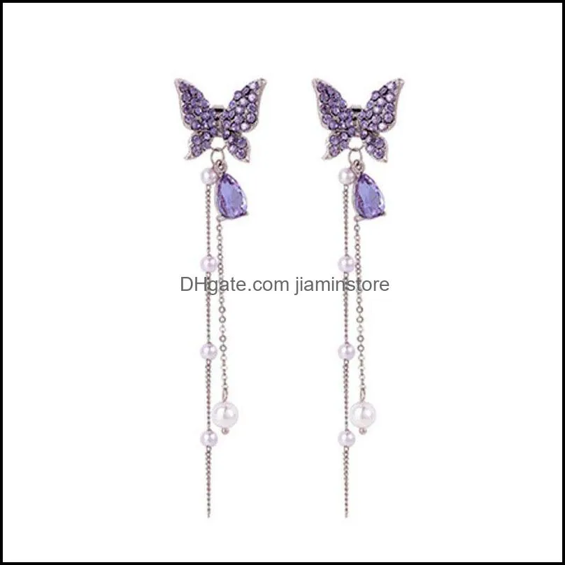 fashion shiny butterfly rhinestone drop dangle earrings women elegant long pearl tassel chain pendant party jewelry for girl gift 1
