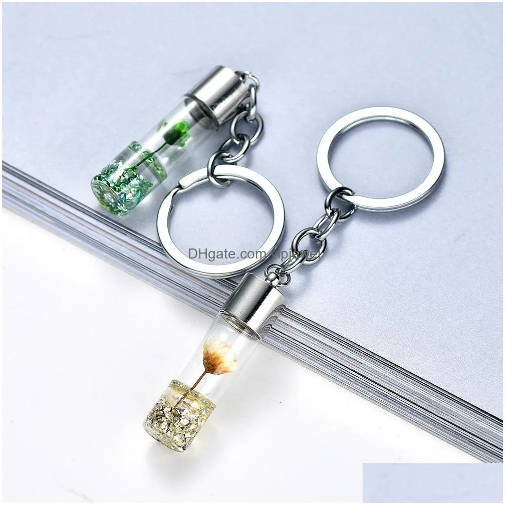 fashion jewelry bottle pendant key chain glass dry flower keychains pendant key ring