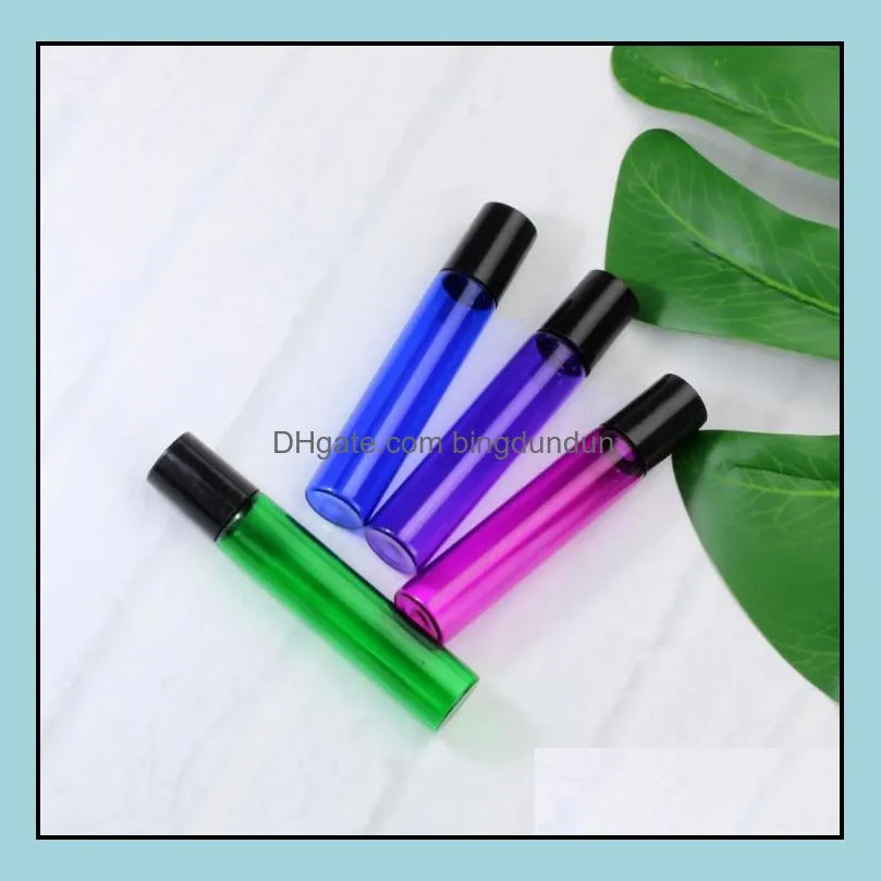 10ml empty glass roll on bottle blue red green roller container 1/3oz for essential oil perfumes and lip balms sn2136