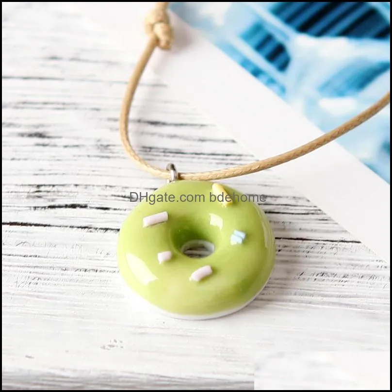  cartoon ceramic donut small  pendant necklaces leather rope chains for women girlfriend fashion simple jewelry gift