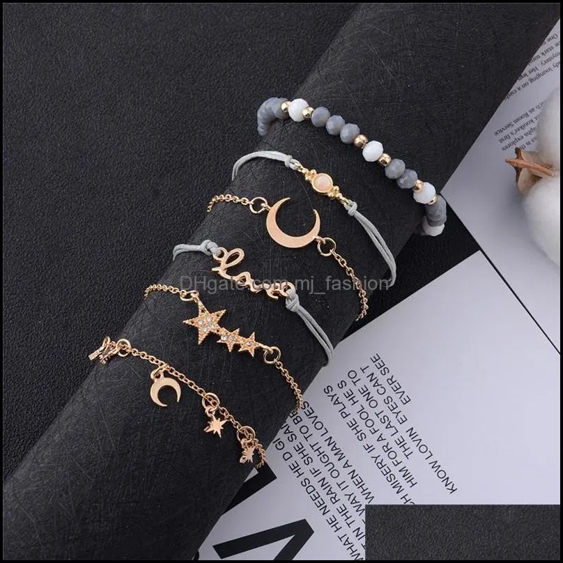 6 pcs / set star moon love crystal pendant gold acrylic bead bracelet for women classic multilayer braided rope chain bracelet set