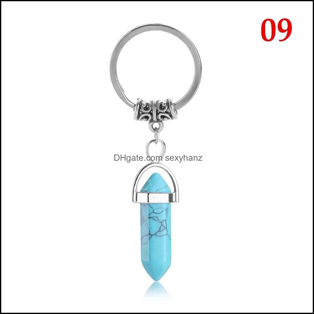 natural stone hexagonal prism keychains silver color healing pink crystal car decor key rings keyholder for women men