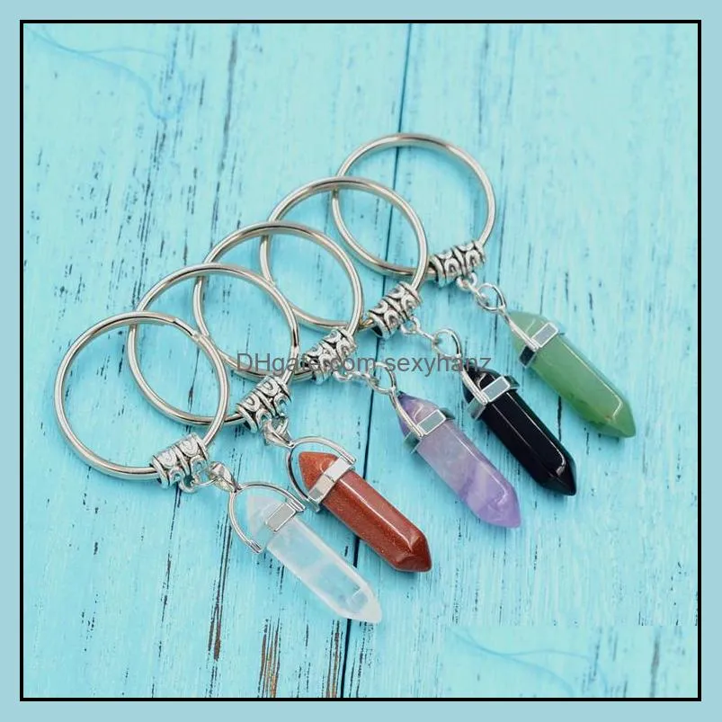 natural stone hexagonal prism key ring keychain rose quartz tigers eye opal crystal key chain keyring