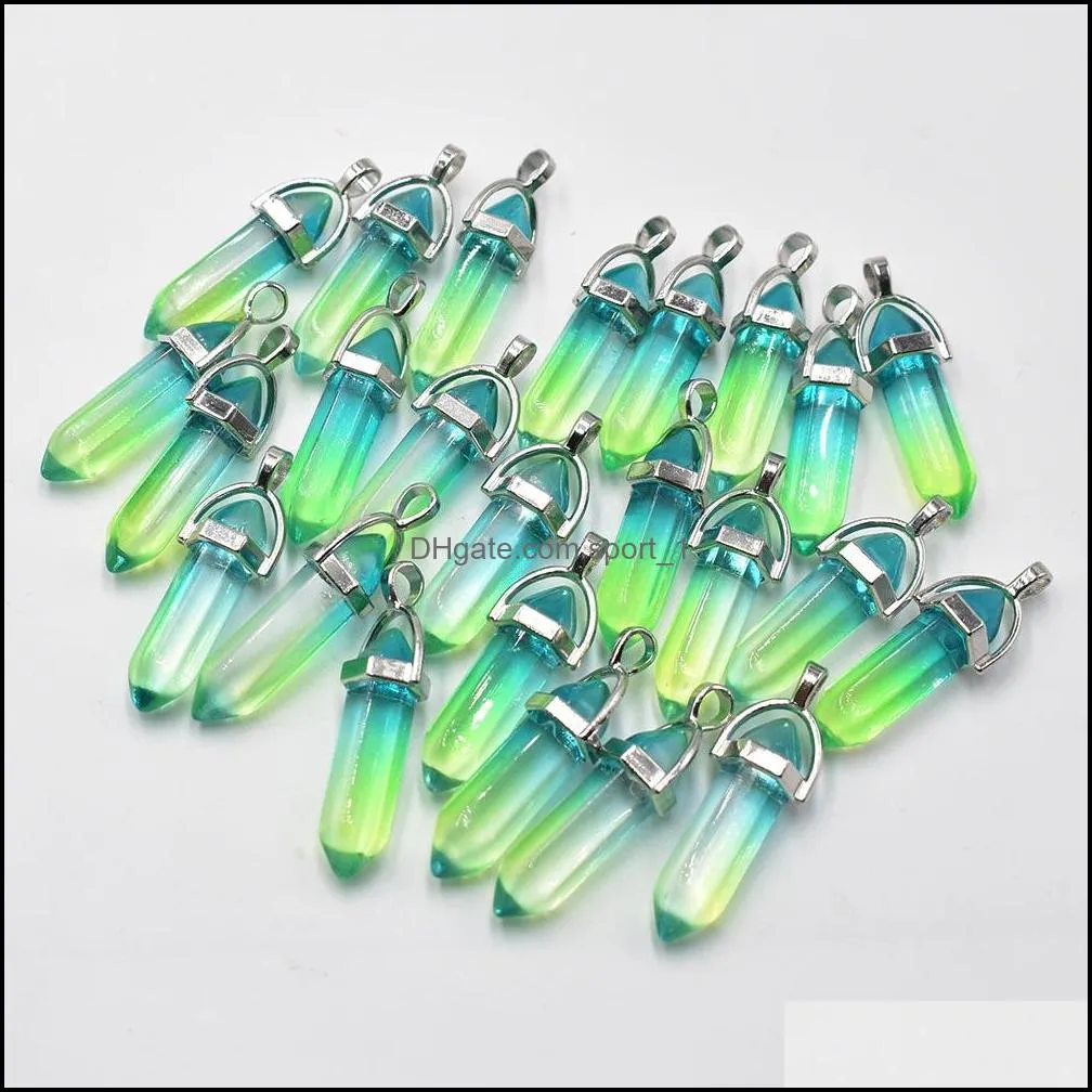 fashion hexagonal glass colorfull pillar point charm pendants for jewelry necklaces making