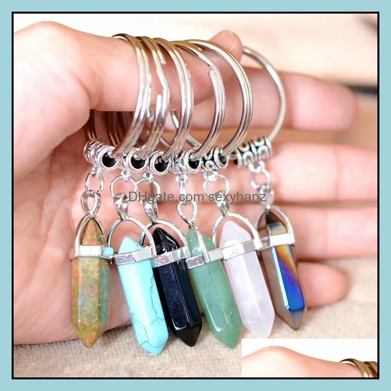 natural stone hexagonal prism key ring keychain rose quartz tigers eye opal crystal key chain keyring