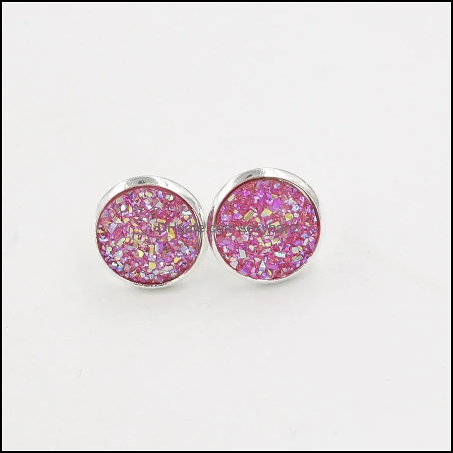 fashion silver gold plated round stainless steel 12mm resin druzy drusy earrings handmade stud for women jewelry