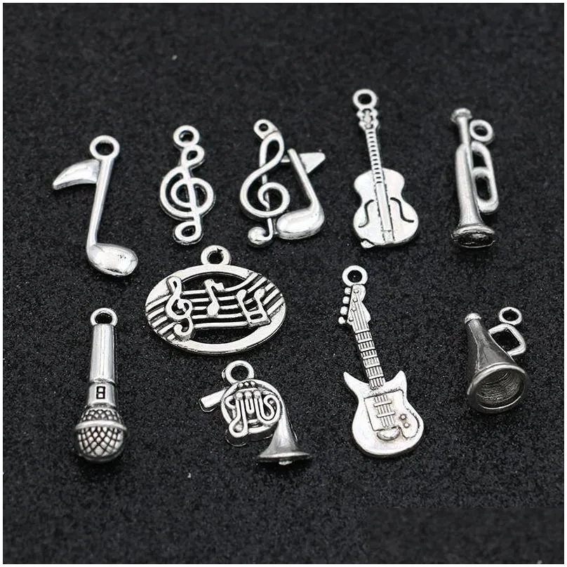 antique silver plated music note guitar charms pendant for jewelry making bracelet necklace diy accessories craft mix 20pcs