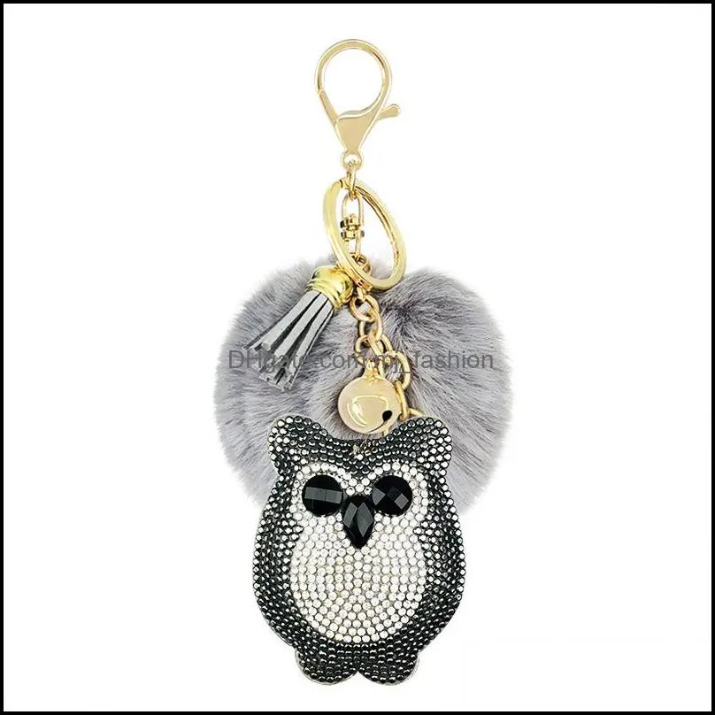 cute animal pompom keychain fashion faux fur fluffy key ring for women girls lovely owl bear keyfobs pendant accessories p429fa