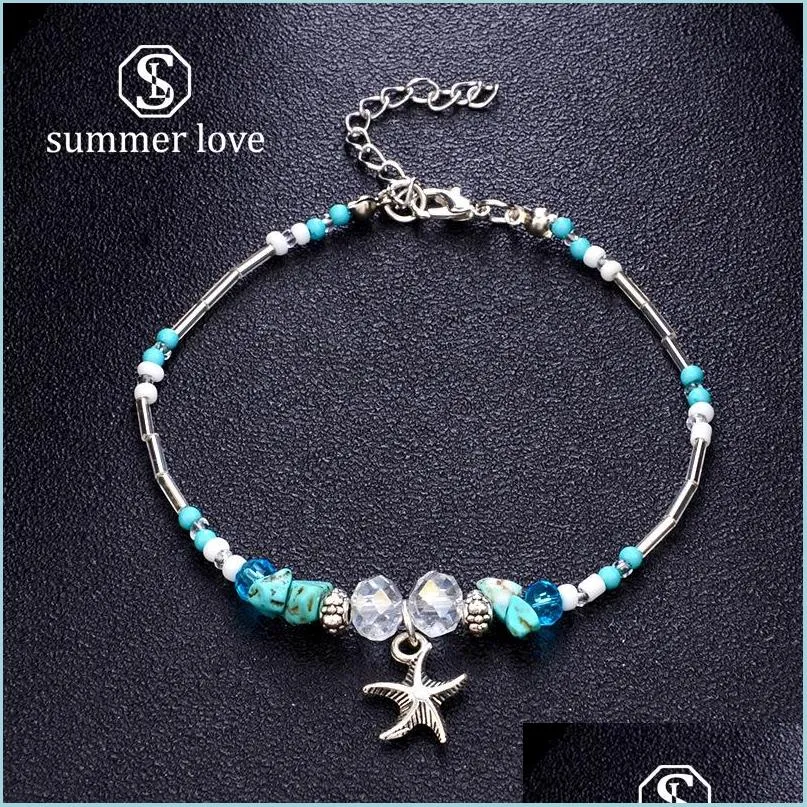 2019 vintage silver bohemian beach anklet bracelet for women starfish beads crystal stone anklets designer jewelry anklet