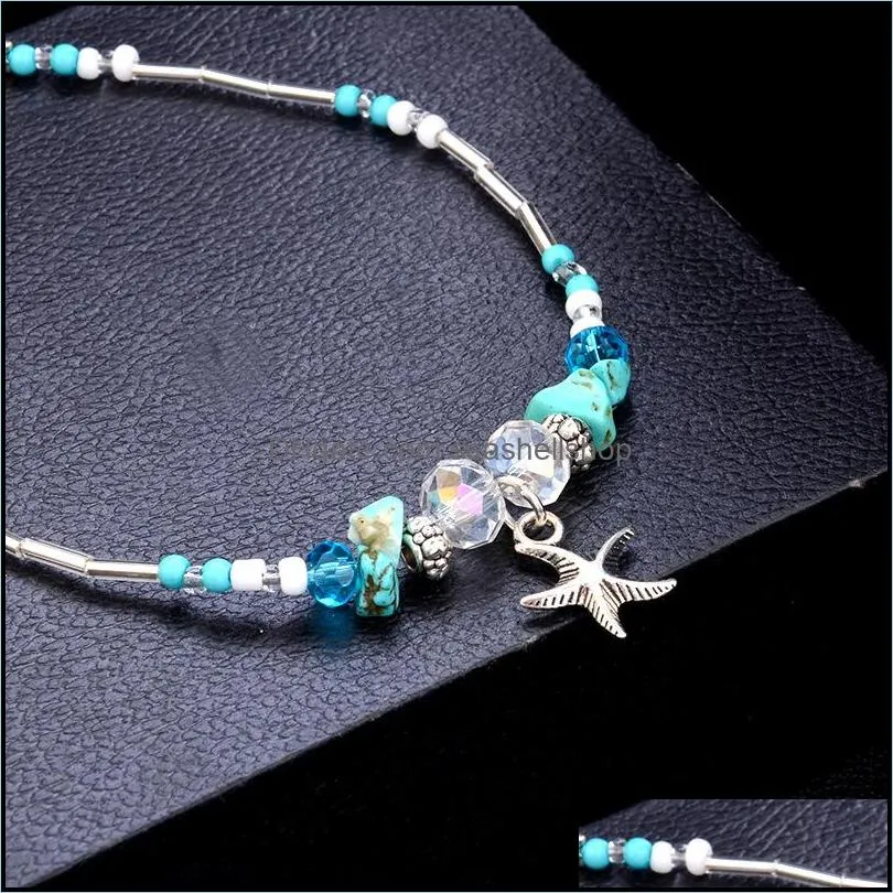 2019 vintage silver bohemian beach anklet bracelet for women starfish beads crystal stone anklets designer jewelry anklet