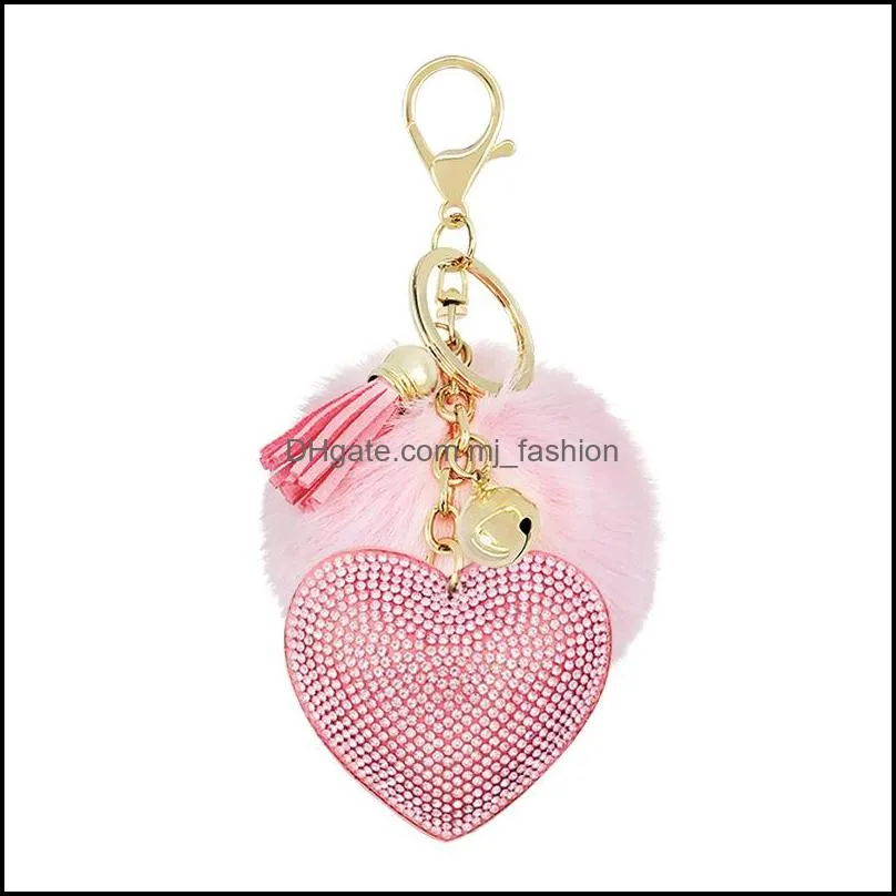 colorful poms key rings heart love keyring pendant fluffy ball faux fur keyfobs cartoon santa claus crystal keychains jewelry