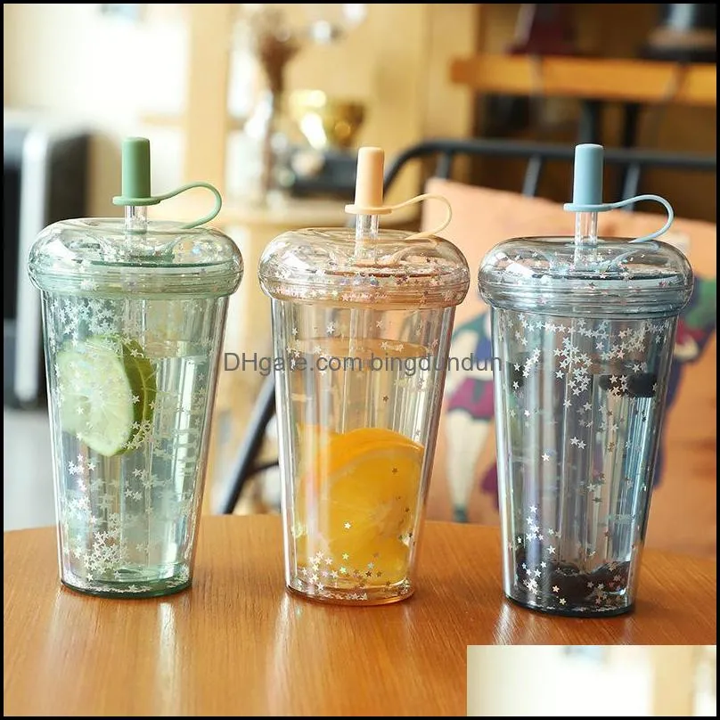 520ml tumbler with straws double layer leakproof milk coffee glitter water bottles by sea rre13563
