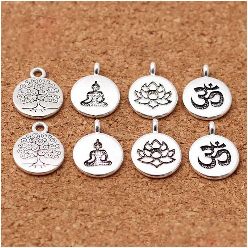 10pcs/lot tibetan silver round tag lotus/life tree/buddha charms 15mm handmade metal pendants diy jewelry making accessories