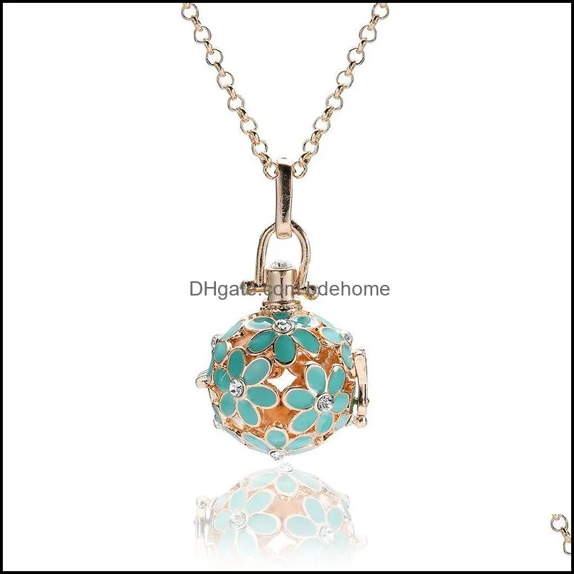  diffuser  oil enamel cage pendant necklaces with 5 cotton ball hollow flower lockets 60cm chains for women fashion