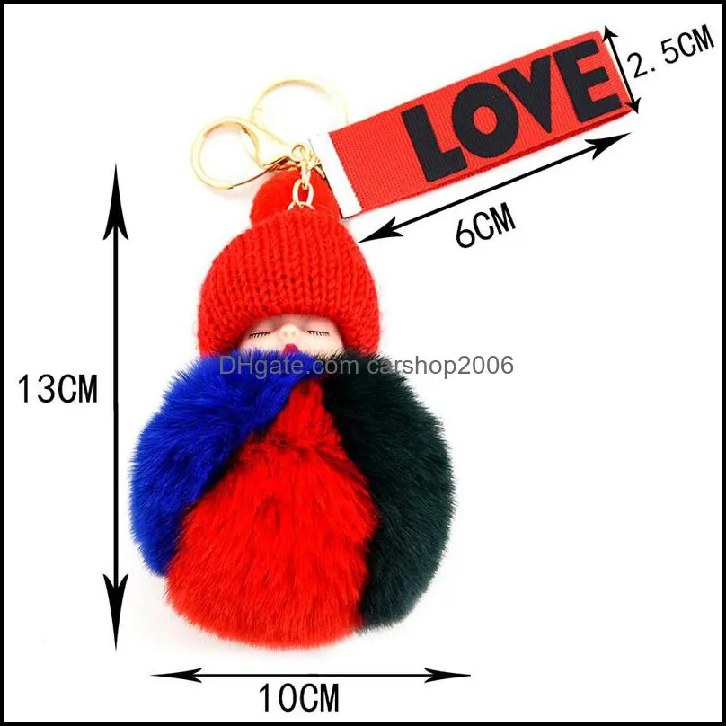 pompom sleeping baby doll key rings cute fluffy plush keychains women girls bags keyrings cars keyfob decoration