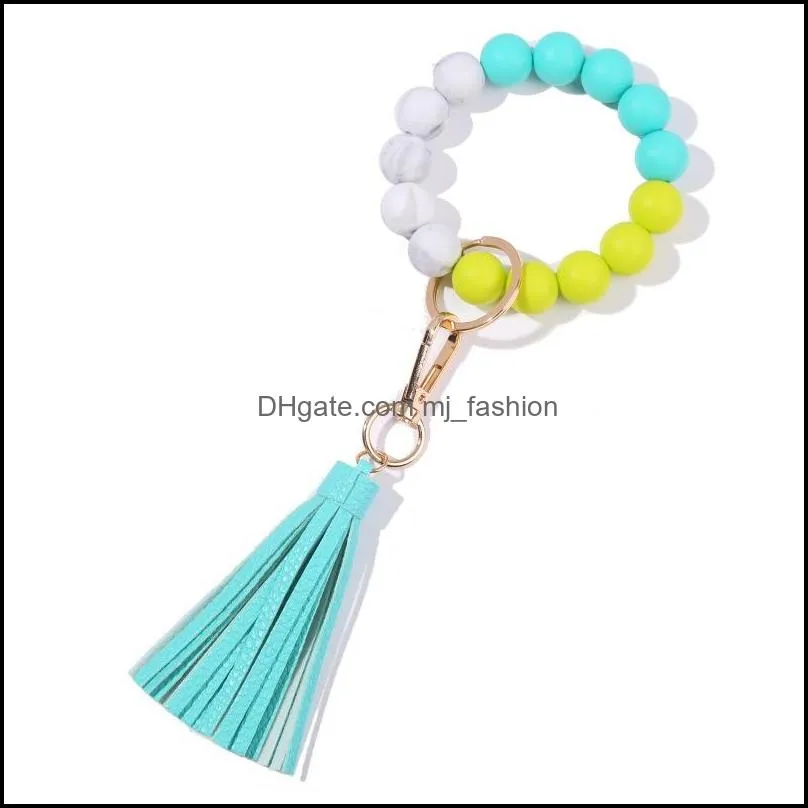 soild color silicone elastic beaded wristlet key rings bracelet personalized tassel bangle jewelry wrist strap q265fz