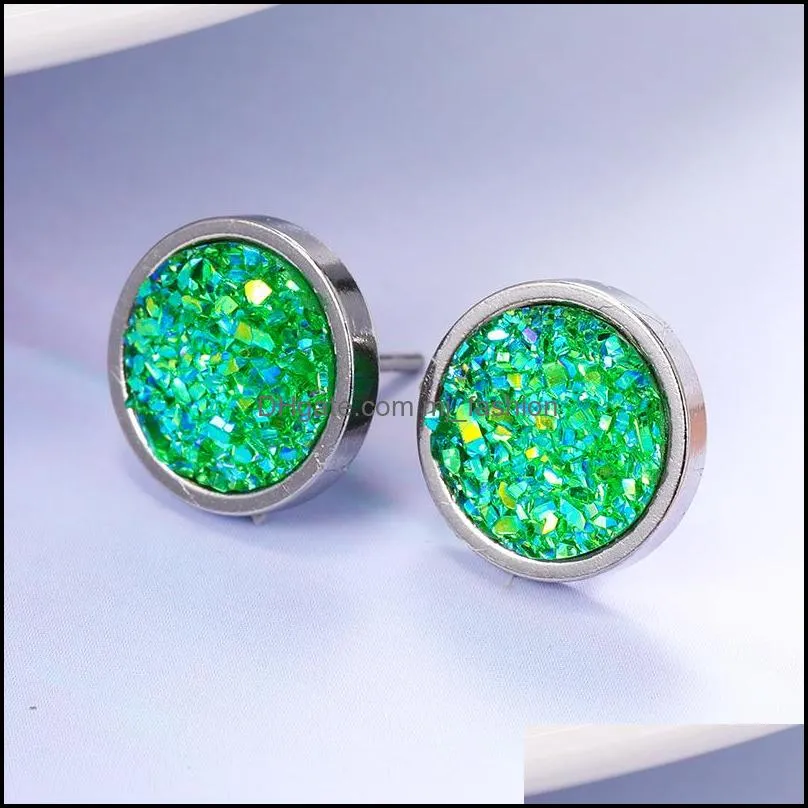  arrival 12mm handmade round crystal druzy stud earring for women men silver color titanium steel earring fashion jewelry gift