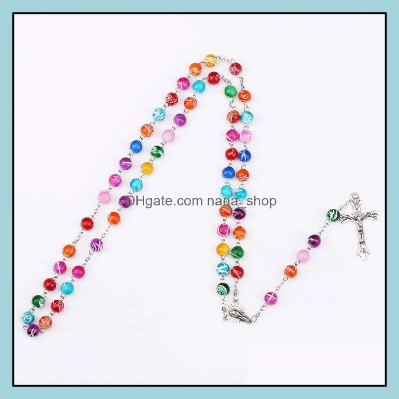  religious catholic rainbow rosary long necklaces jesus cross pendant 8mm bead chains for women men s fashion christian jewelry