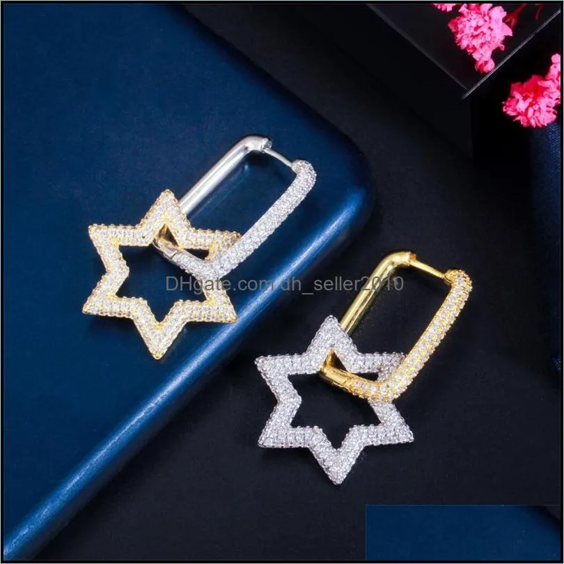 shining bling full colorful zircon hexagonal dangle drop earrings real gold plated star earring jewelry no fading 1274 b3