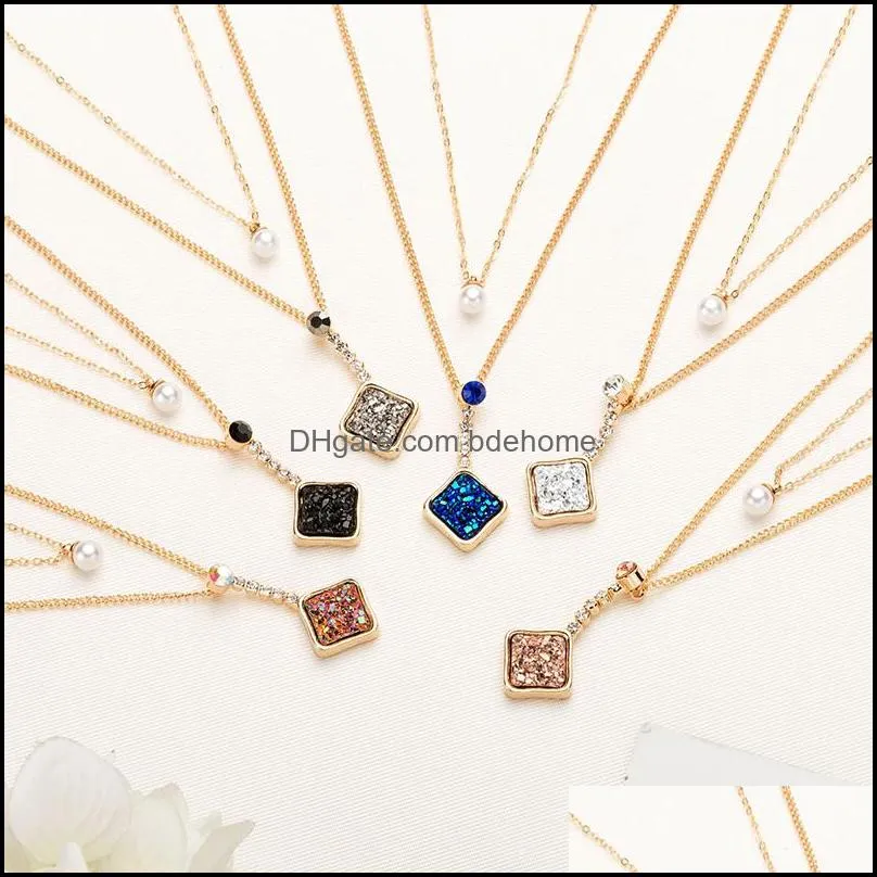 2019 fashion shiny druzy pendant layered necklaces square natural stone faux pearl charm gold chains choker for women jewelry gift