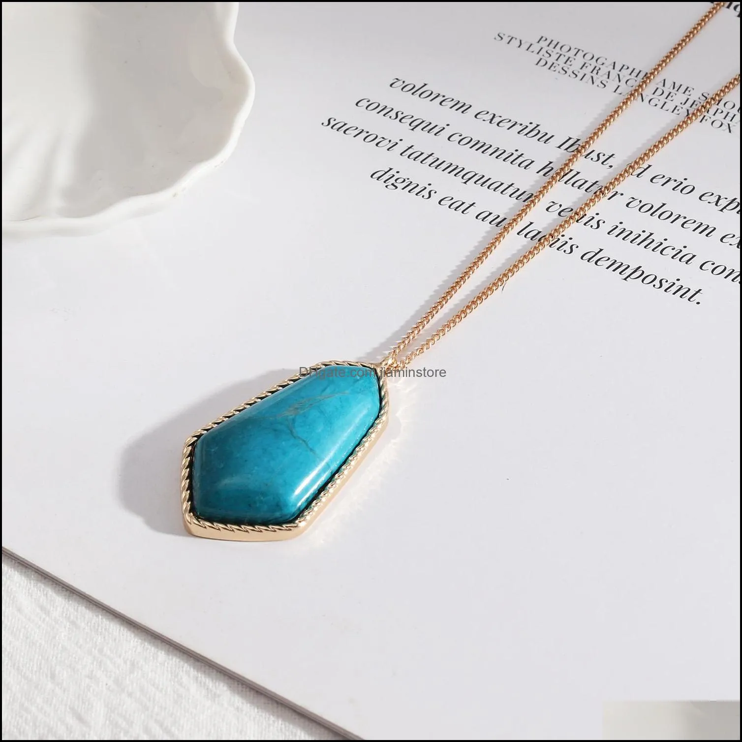 fashion blue turquoise natural stone pendant necklace gold plated long chain necklaces for women jewelry