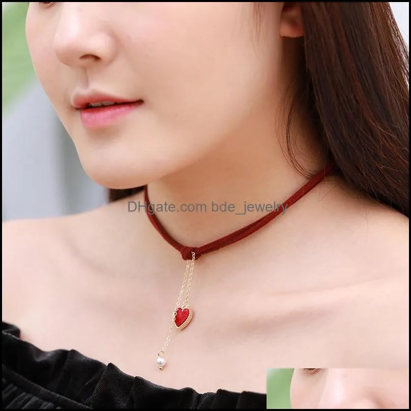 korean style fashion choker necklaces velvet chain simple double side black red heart shape pendant women necklace ladies jewelry