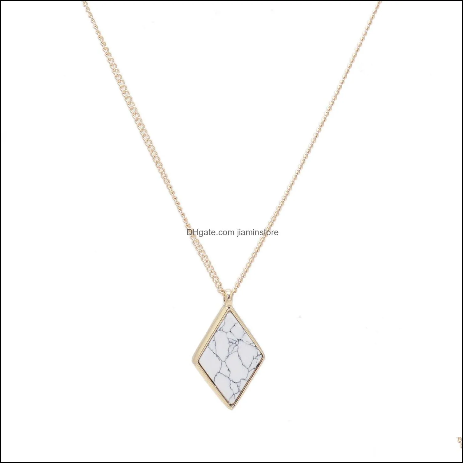 fashion both sides rhombus natural stone white turquoise necklace gold metal long chain sweater statement necklace