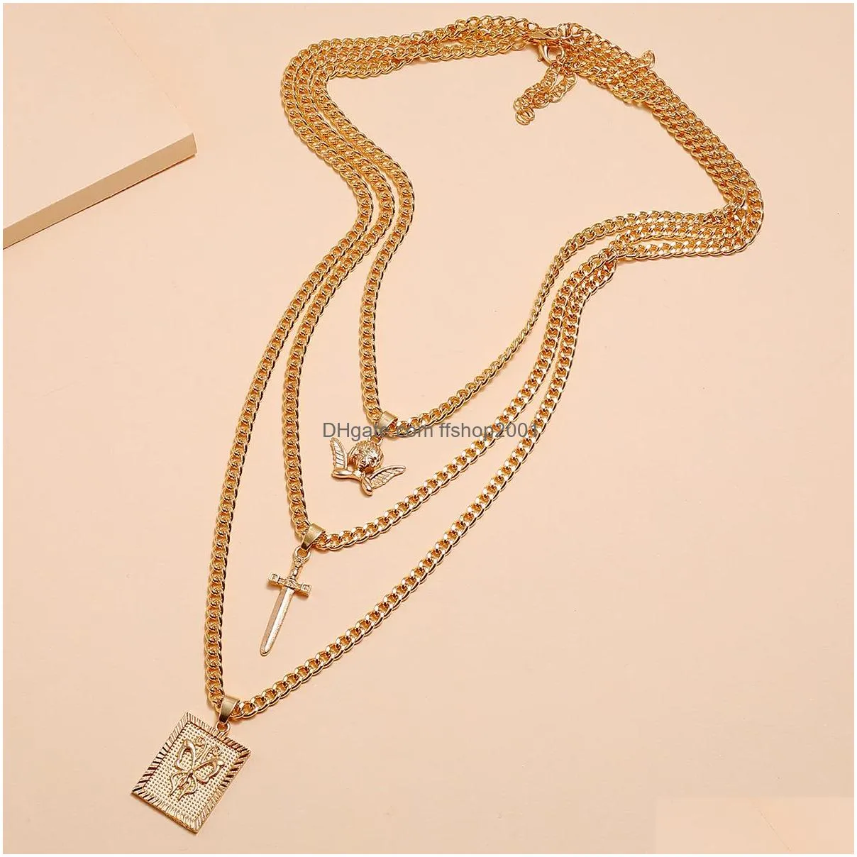 fashion jewelry multilayer necklace metallic butterfly cross pendant necklace 3pcs/set