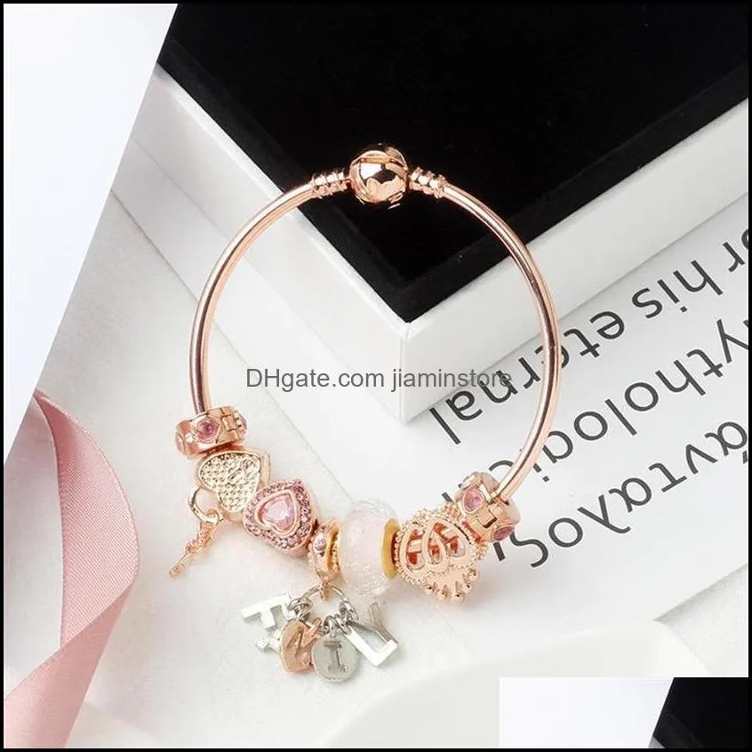 original pandoras fashion s925 silver rose gold charm beads heart lock bangles women chain letter bracelets jewelry holiday gift b348t