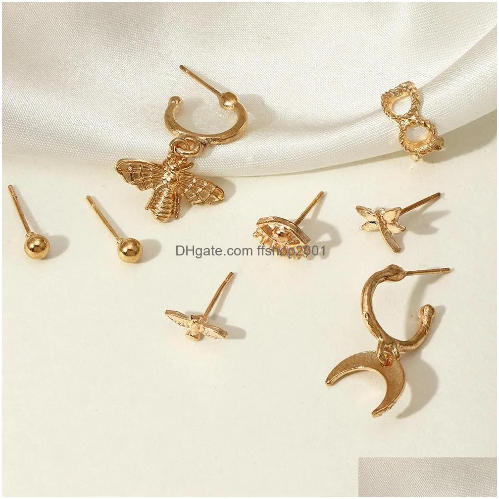 fashion jewelry stud earrings set animal earring dragonfly bee eye moon multiple ear clip 8pcs/set