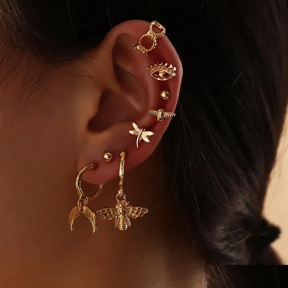 fashion jewelry stud earrings set animal earring dragonfly bee eye moon multiple ear clip 8pcs/set