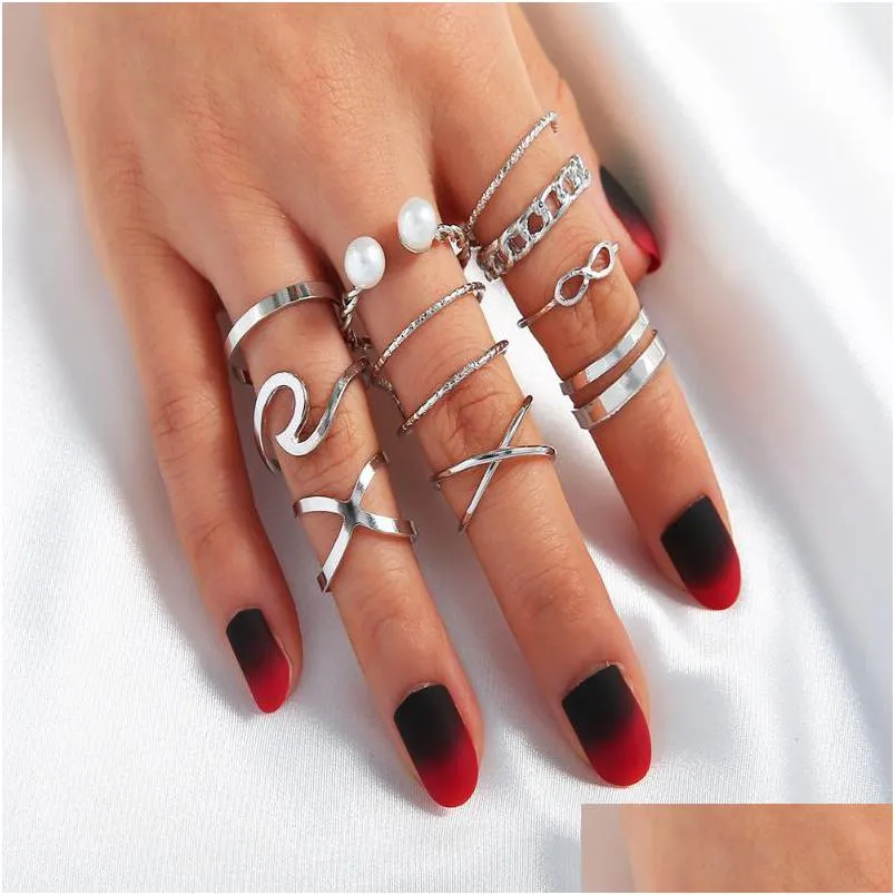 cluster rings 10 pcs/set bohemian womens fashion pearl ring cross simple digital geometric eight knuckle 2021 women jewelry