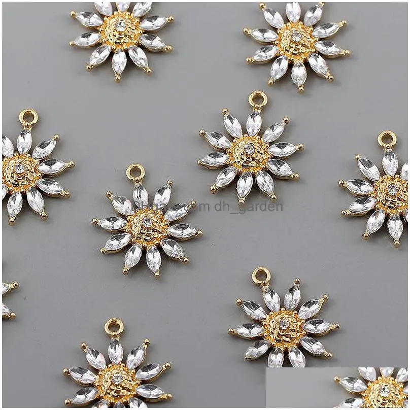 10pcs shinning rhinestone crystal flower charms golden plant pendants for craft making accessories necklace jewelry diy handmade