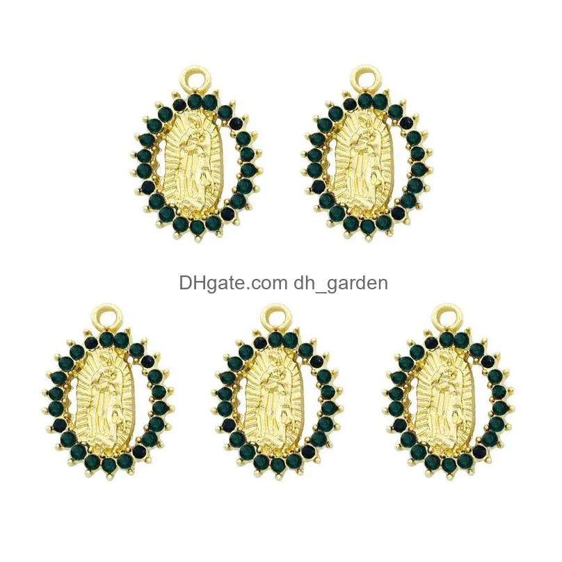 5pcs/set multicolor rhinestone zinc alloy virgin mary charms golden portrait coin charm for diy necklace accessories whole