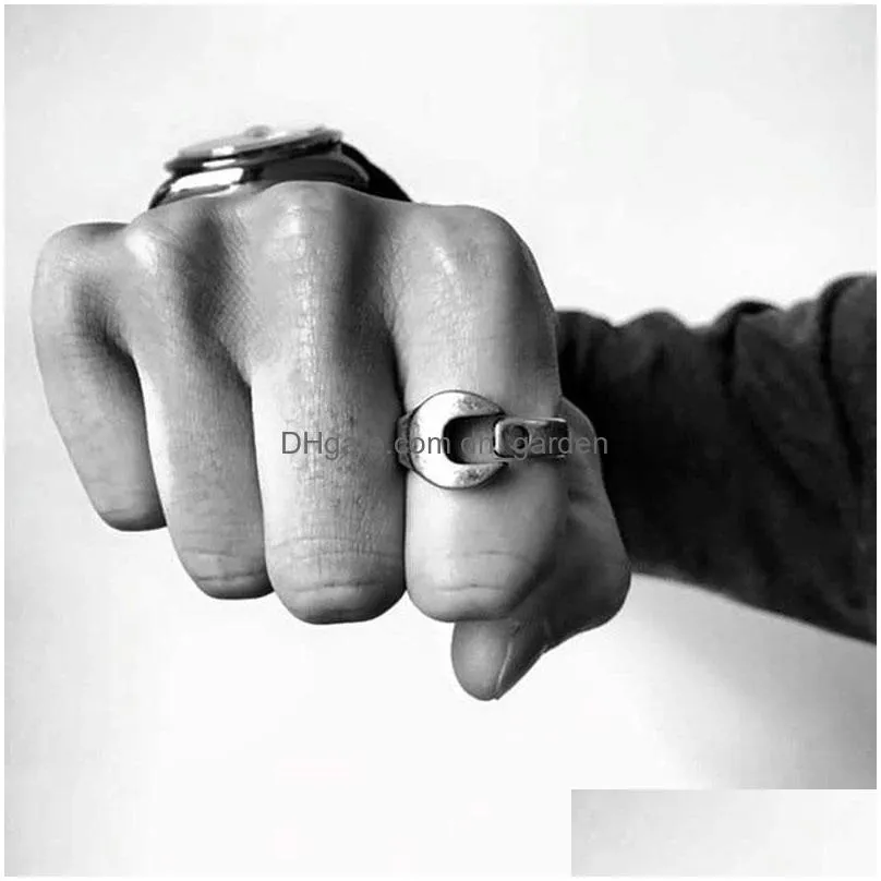 cluster rings hiphop/rock antique ring stainless steel wrench for men biker mechanic jewelry